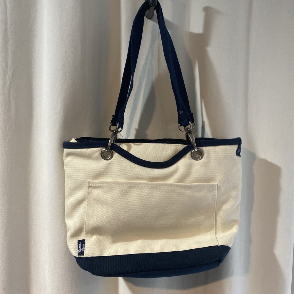 Thirty One Canvas Crew Mini Thermal Tote Navy Cream Lunch Bag Silver Accent NWT
